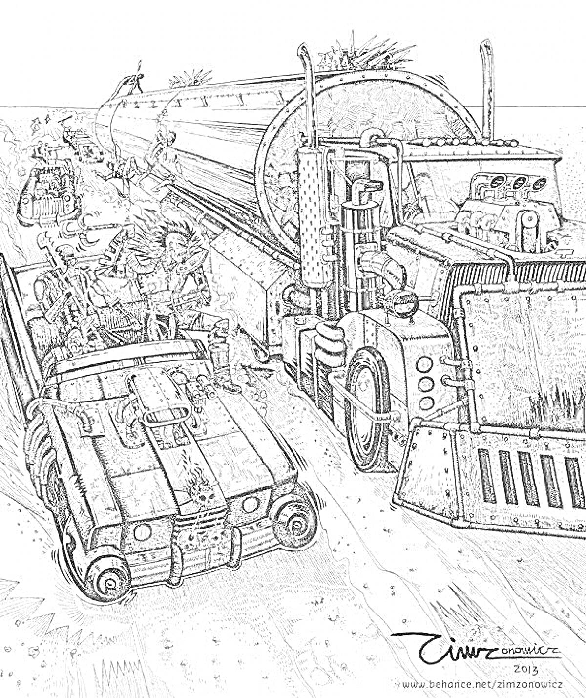 Раскраска Грузовик-цистерна с шипами и шасси, машина с крупными колёсами, бойцы в броне, сцена погони в пустыне