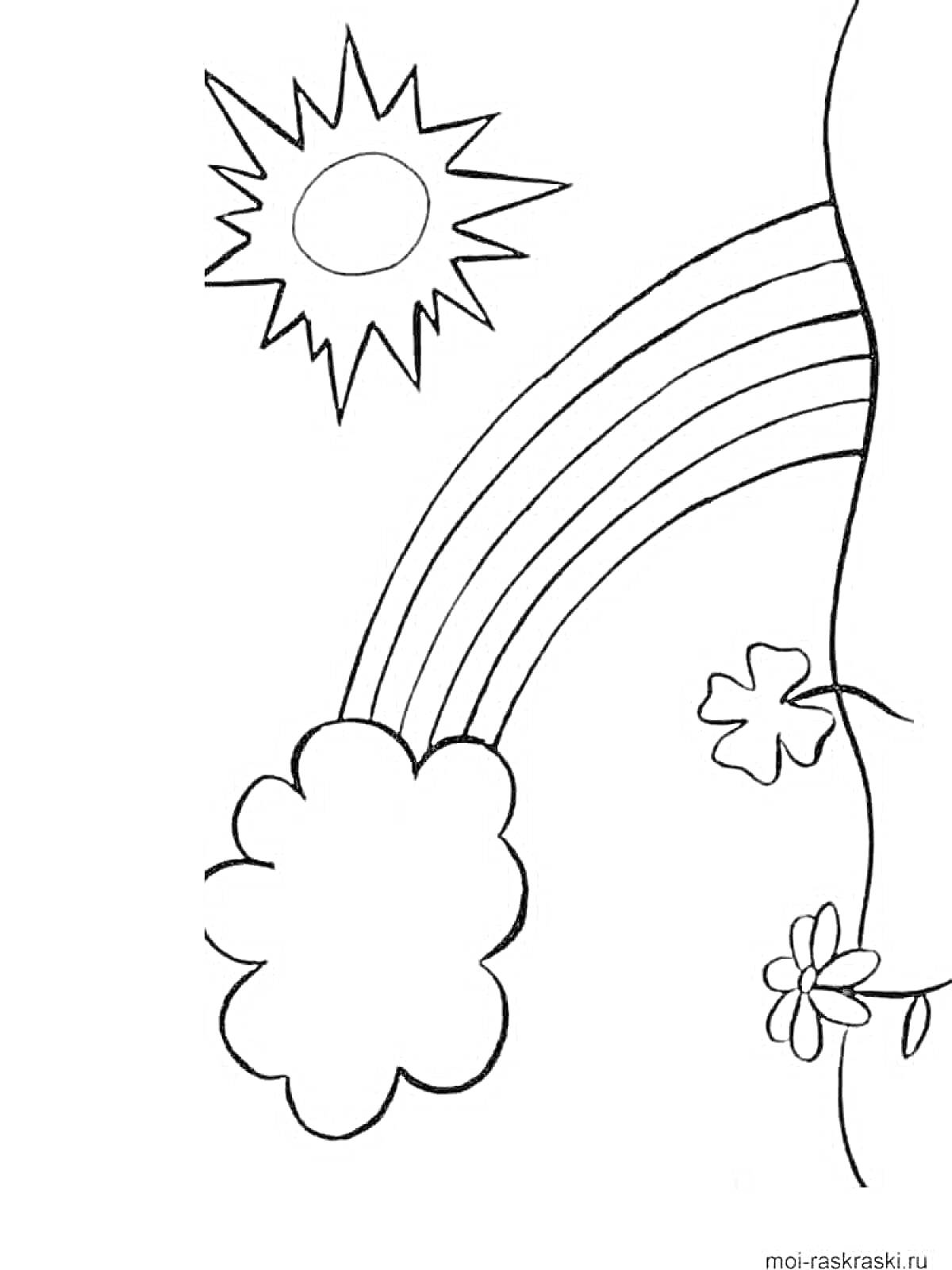 На раскраске изображено: Солнце, Цветы, Клевер, Природа, Для детей, Облака, Радуги