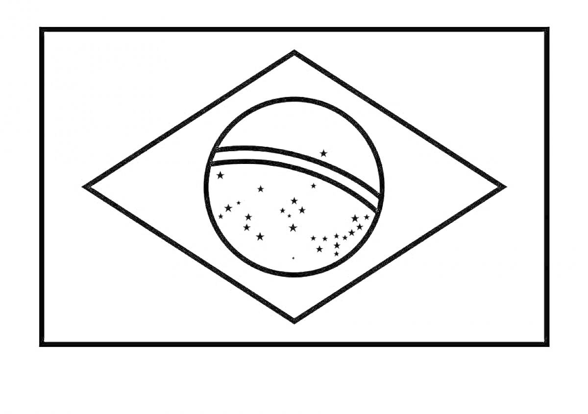 Раскраска Флаг Бразилии с большим ромбом и кругом с полосой и звездами внутри