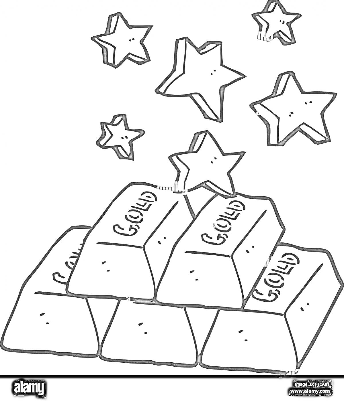 На раскраске изображено: Золото, Слитки, Звезды, Богатство, Драгоценности, Бухгалтерия