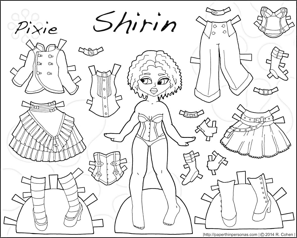 Раскраска Бумажная кукла Ширин с одеждой