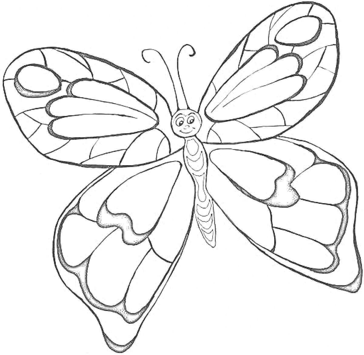 Раскраска Бабочка с крупными узорными крыльями и улыбающимся лицом