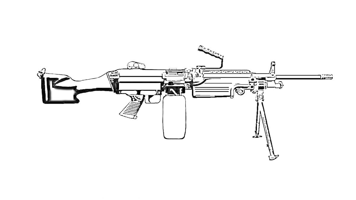 На раскраске изображено: Пулемет, Оружие, Приклад, Магазин, Сошки, Рукоятка, Стрельба, Военное оборудование