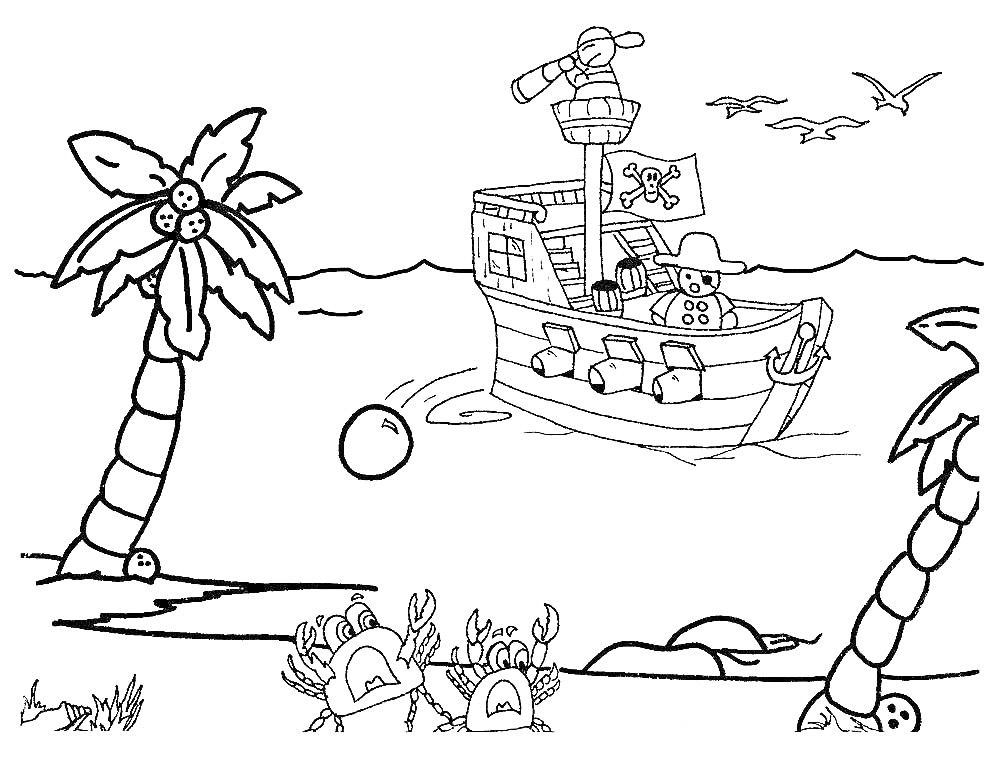 На раскраске изображено: Пиратский корабль, Пальмы, Флаг, Море, Пляж, Пираты, Краб