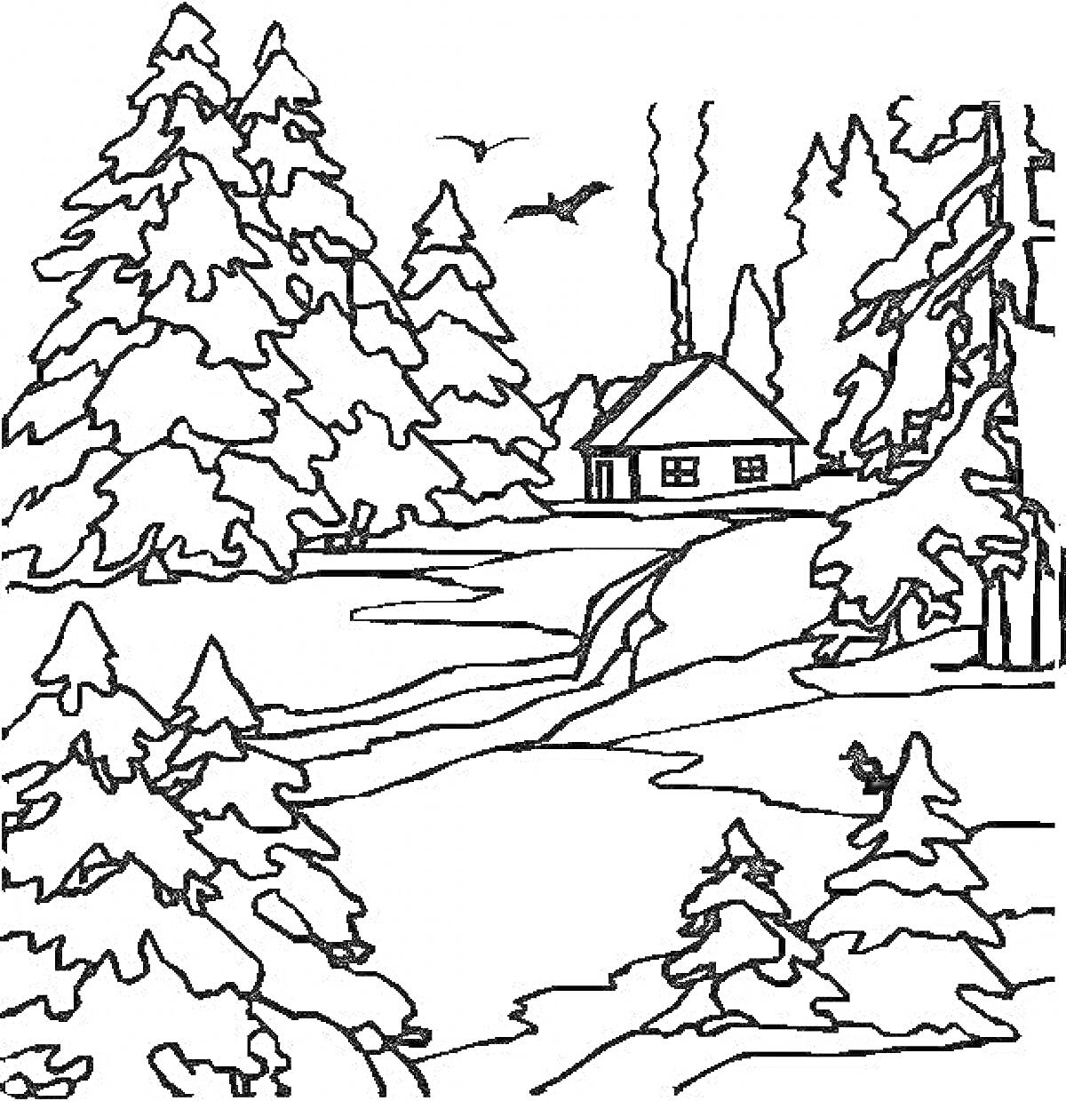 На раскраске изображено: Зима, Природа, Лес, Снег, Домик, Река, Отдых, Мороз, Уют