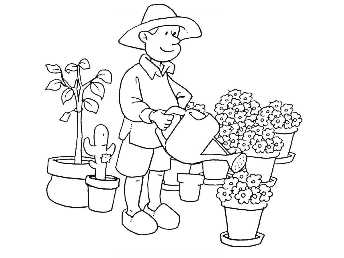 На раскраске изображено: Растения, Цветы, Полив, Горшки, Для детей, Профессия