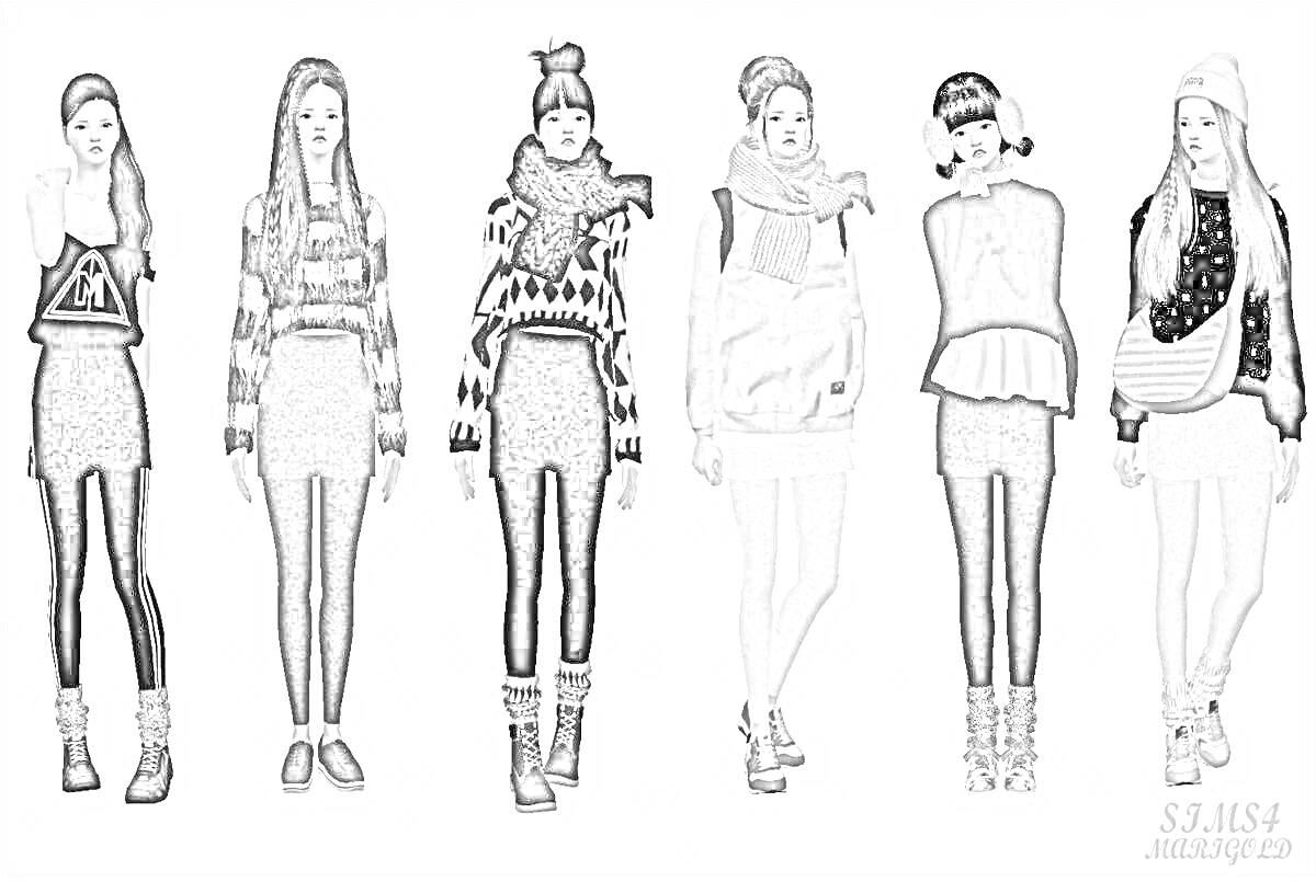 Раскраска Шесть девушек в зимней одежде из Симс 4, шапки, шарфы, свитера, леггинсы, куртки, ботинки, кроссовки
