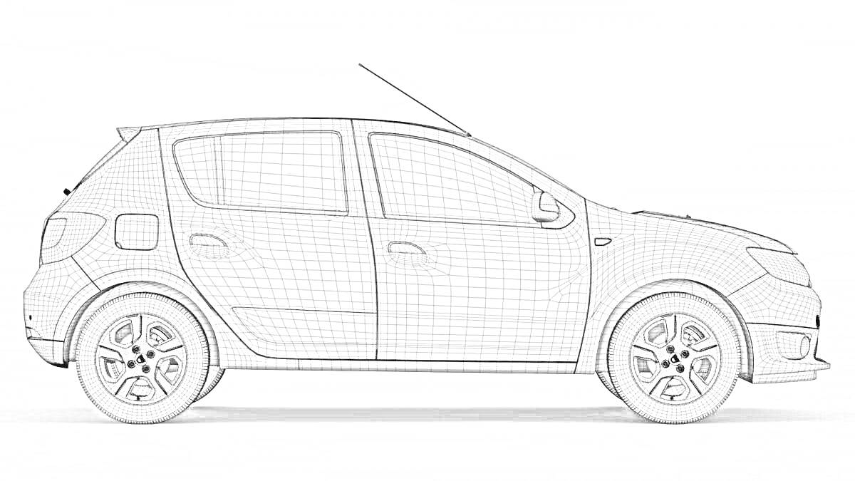 Раскраска Автомобиль Duster в виде сеточной 3D-модели, боковой вид