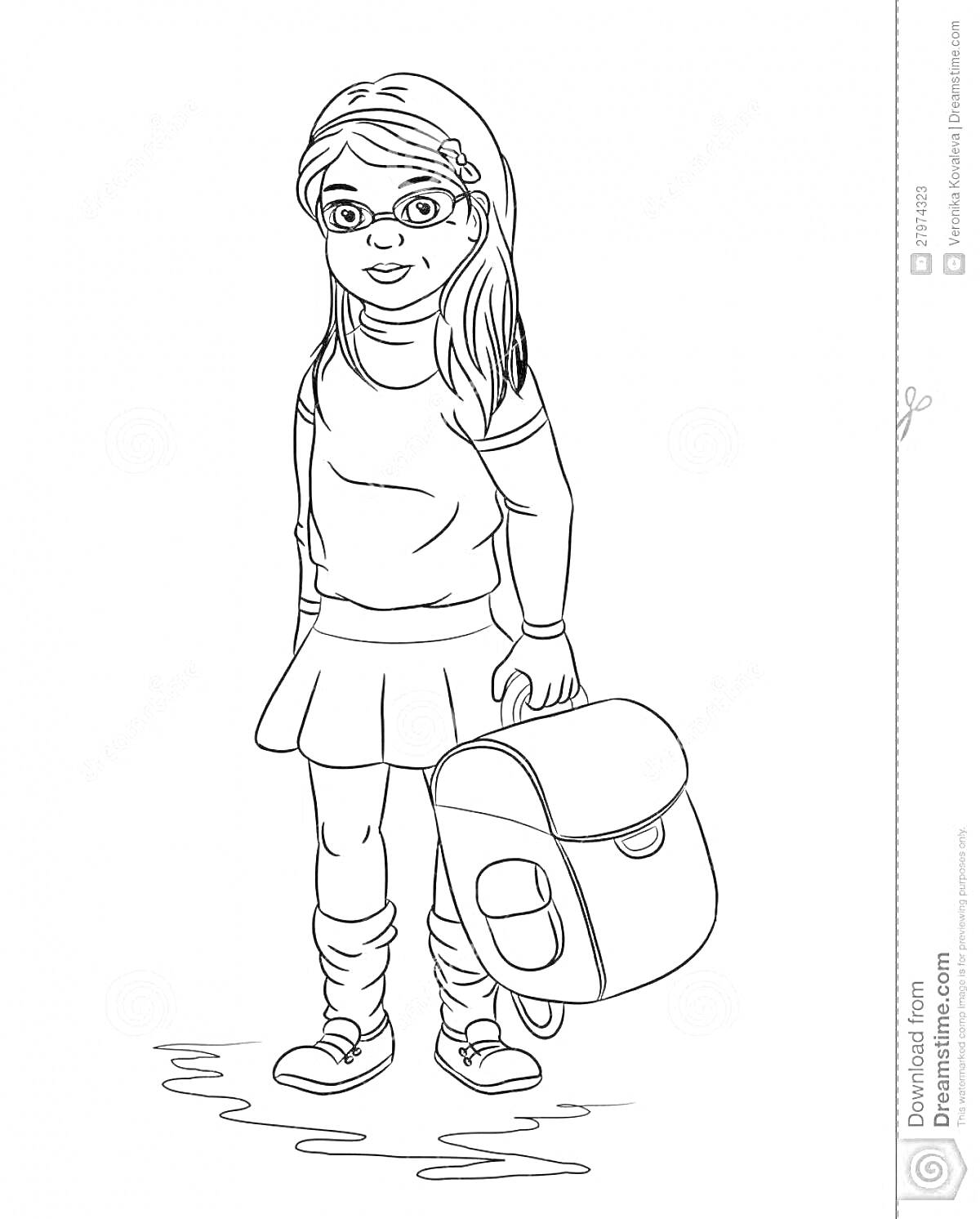 На раскраске изображено: Девочка, Рюкзак, Очки, Ботинки, Волосы
