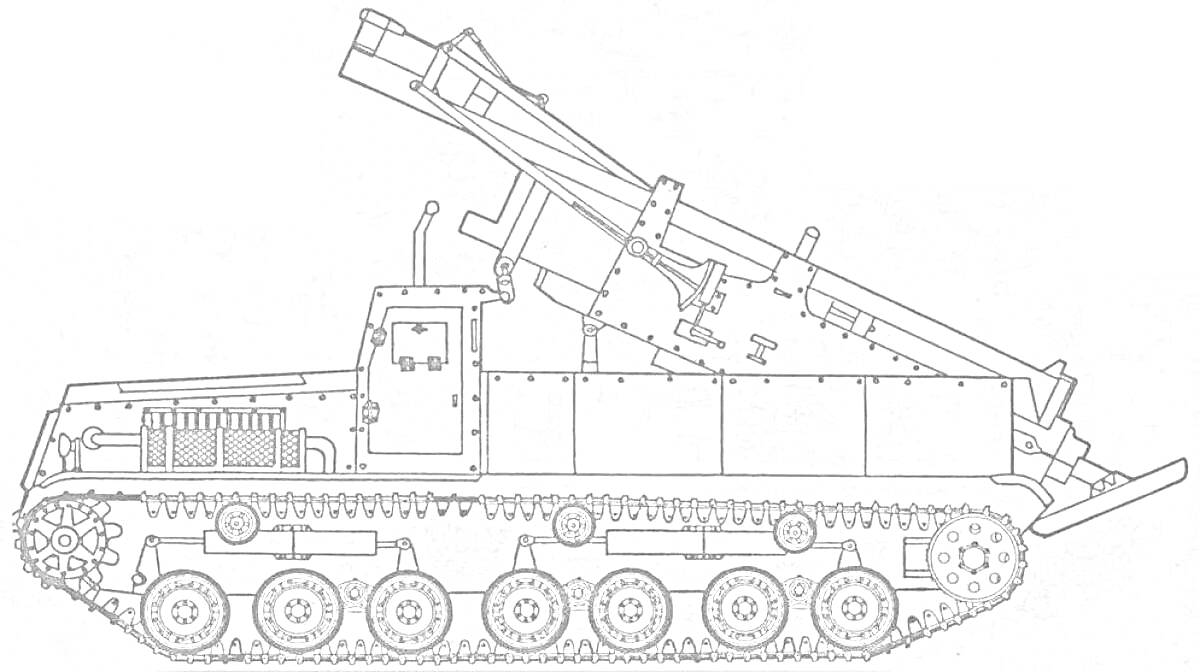 Раскраска Установка самоходного артиллерийского орудия с гусеничным движителем и крупнокалиберной пушкой