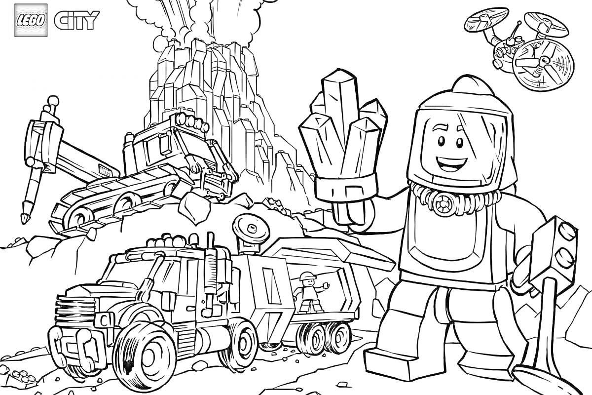 Раскраска Лего город - крупная фигура персонажа в защитном костюме с кристаллом в руке, экскаватор возле извержения вулкана, самосвал с фигурами лего-водителя и вертолет