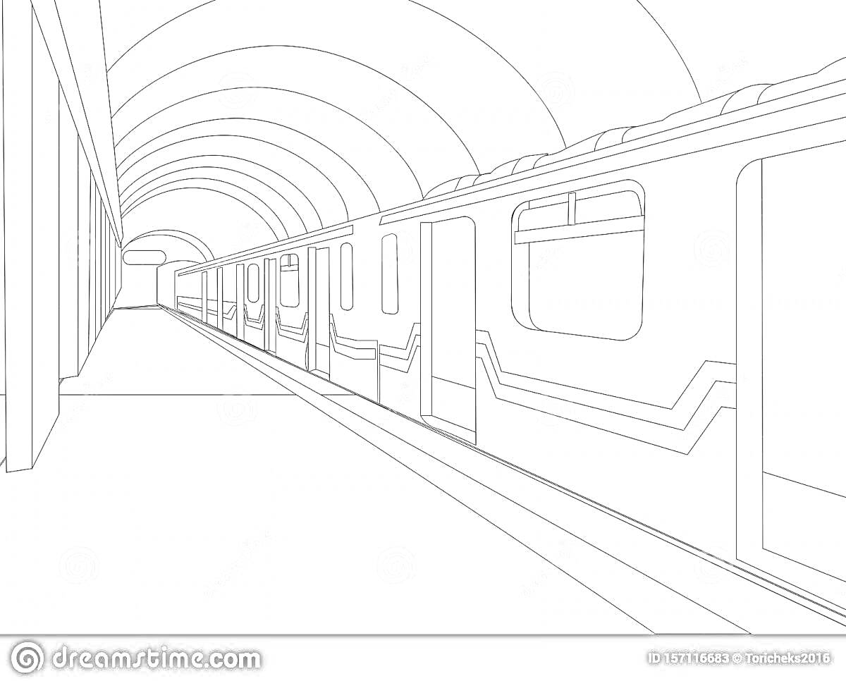 Раскраска Станция метро в Москве с поездом на платформе, арочные своды над поездом и платформой