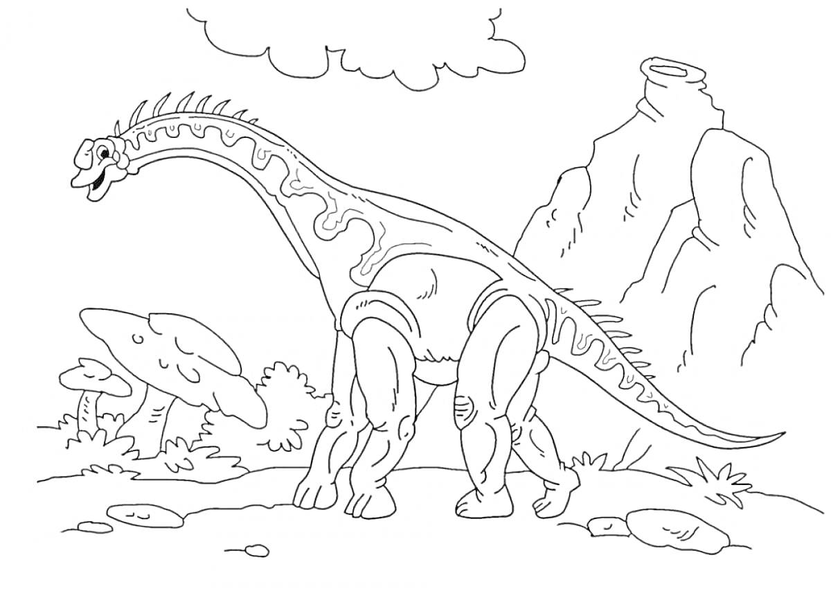 На раскраске изображено: Динозавр, Длинная шея, Горы, Грибы, Облака, Природа