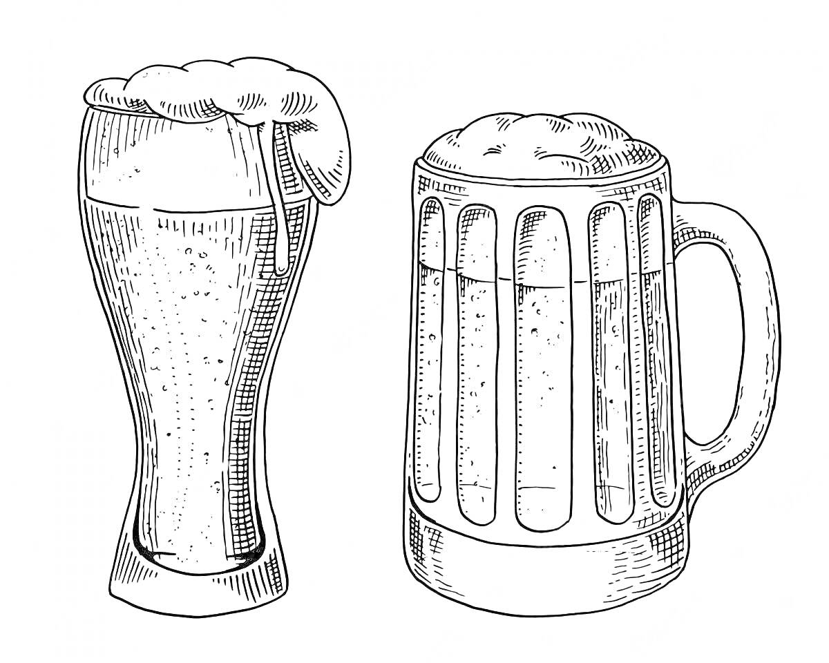 Раскраска Солитерная бокал и кружка пива с пеной