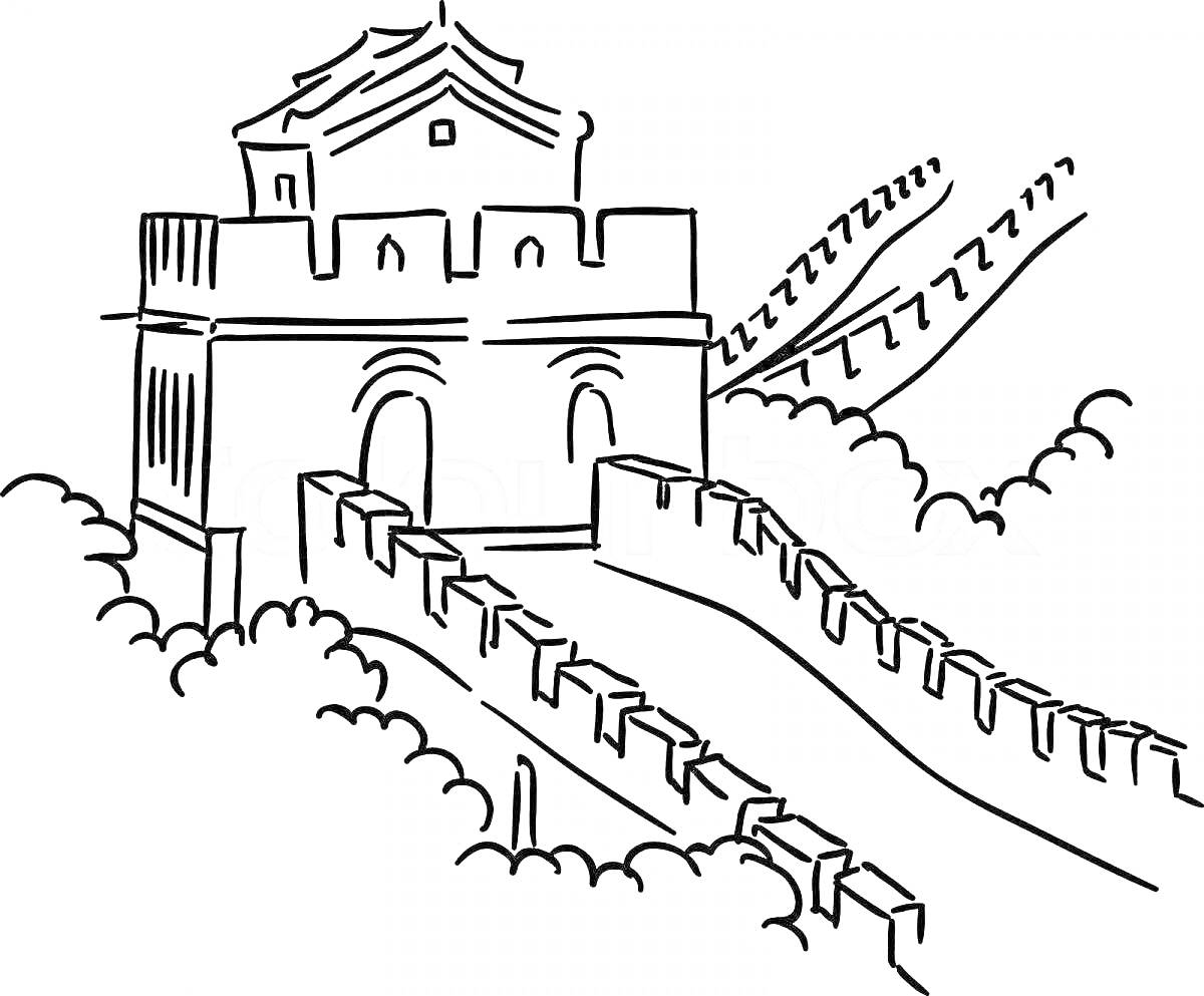 На раскраске изображено: Великая Китайская стена, Стена, Облака, Архитектура, Китай