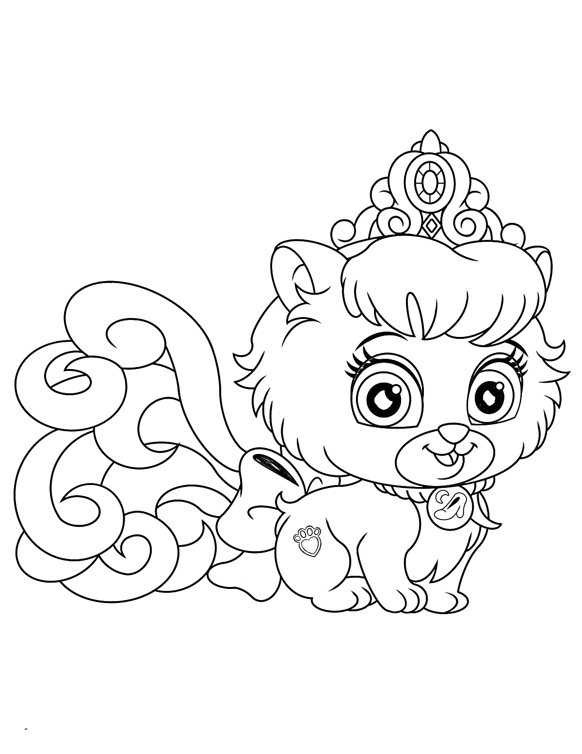 Раскраска Кошка с короной и бантом на хвосте