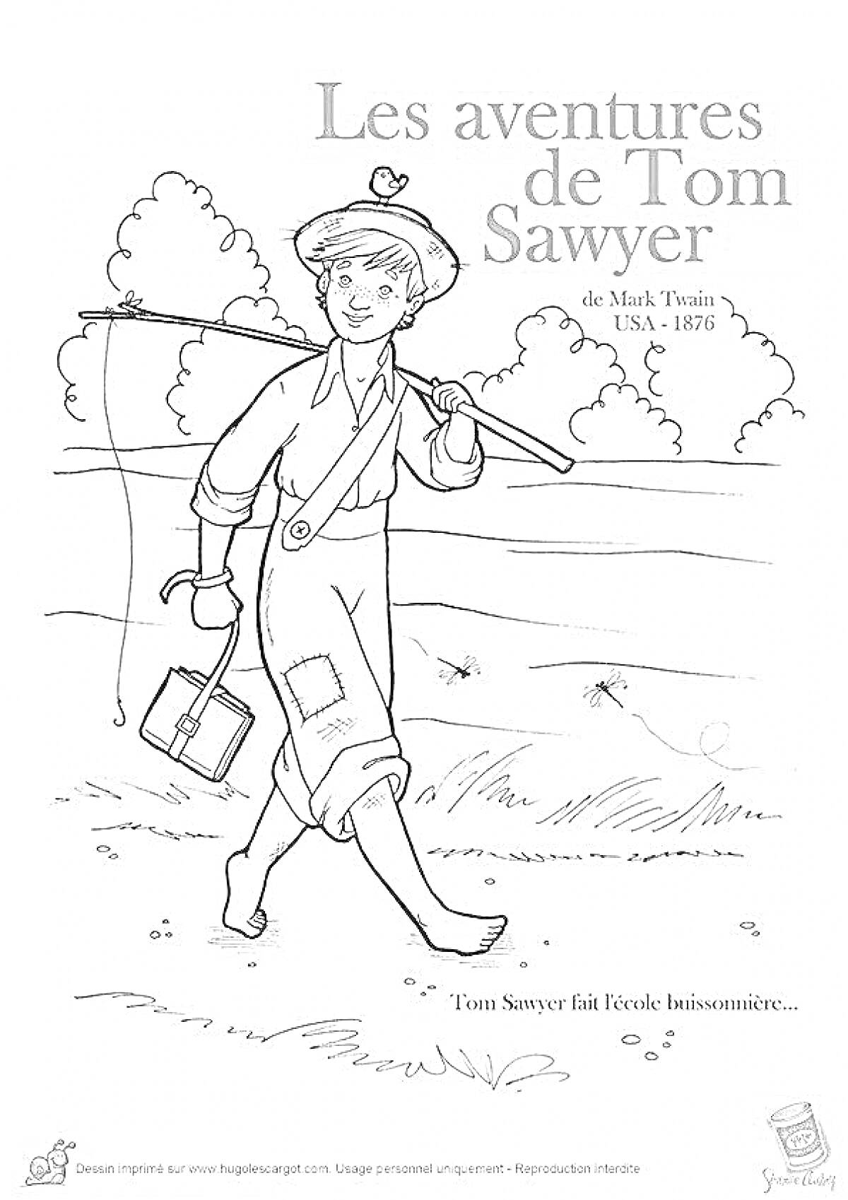 На раскраске изображено: Том Сойер, Мальчик, Удочка, Трава, Классическая литература, Приключения