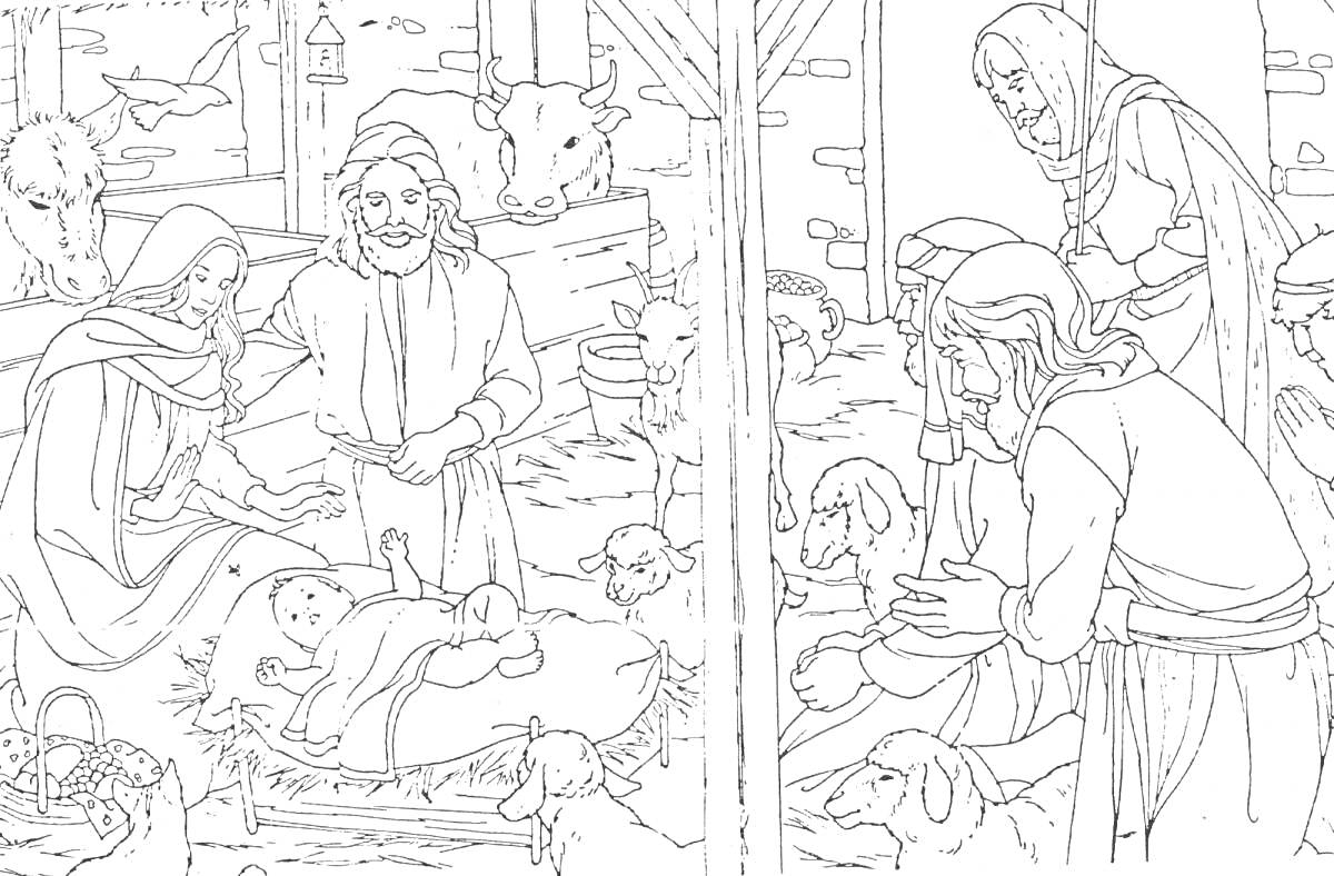 На раскраске изображено: Рождение Иисуса, Рождественская сцена, Младенец Иисус, Мария, Иосиф, Пастухи, Ясли, Осел, Корова, Вертеп