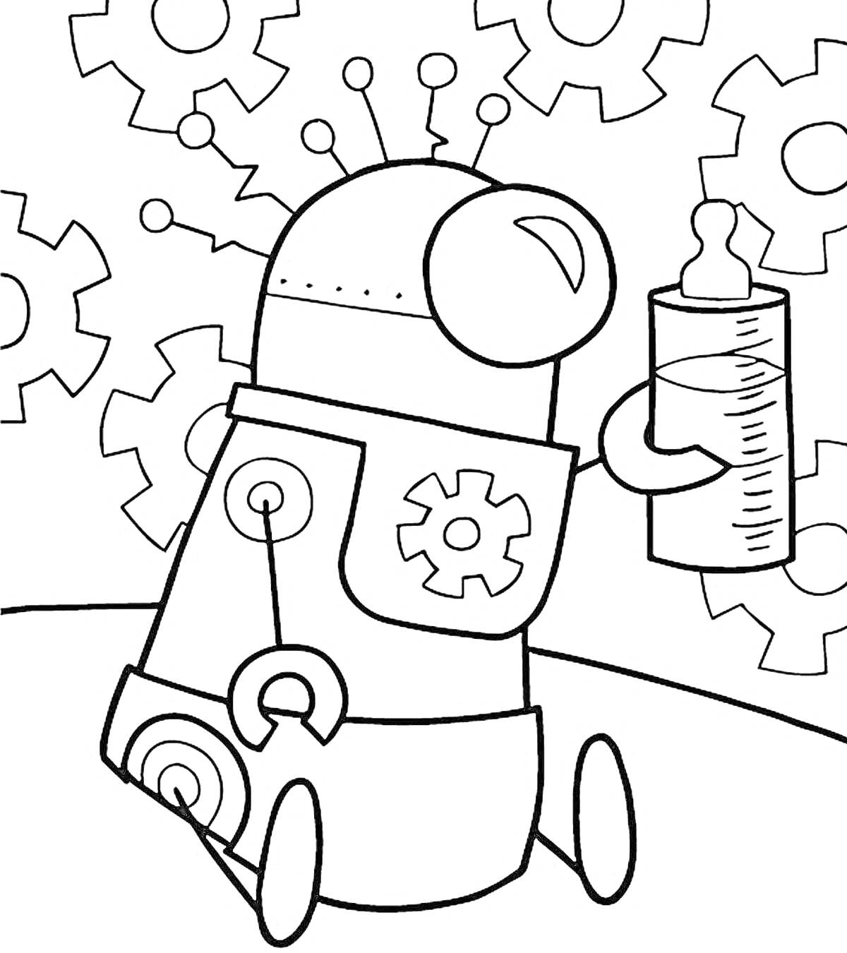 На раскраске изображено: Робот, Шестеренки, Механизмы, Техника, Для детей, Бутылка