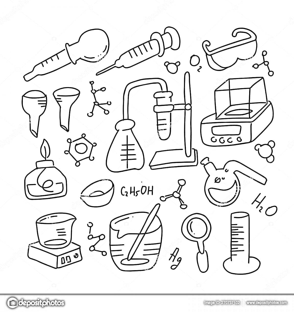 Раскраска Химическая лаборатория для детей: колба, бюретка, пробирки, спиртовка, воронка, атомная модель, весы, лабораторный стакан, микроскоп, молекулы, химические формулы (C₂H₅OH, H₂O), термометр, пипетка, молекулярные структуры.