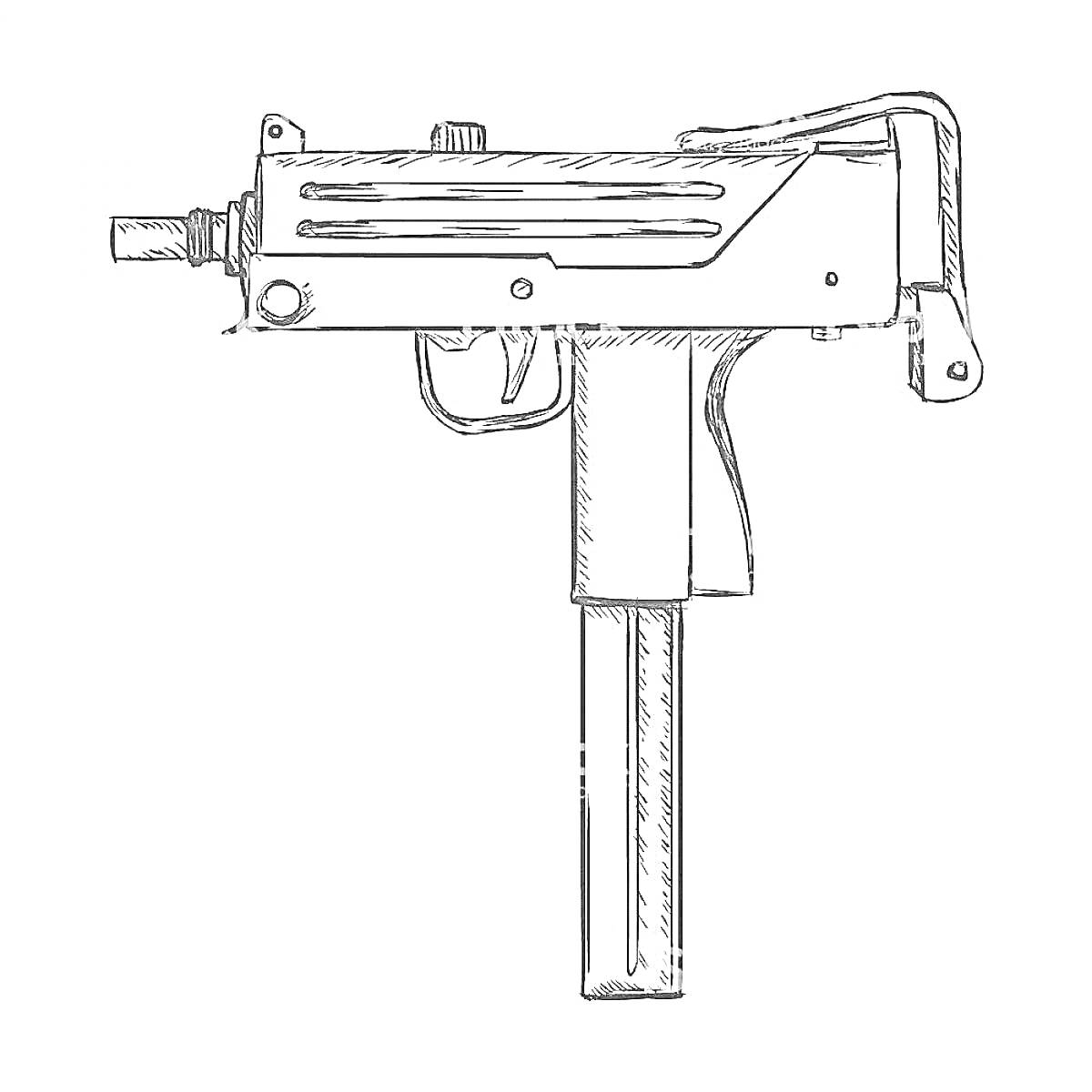 На раскраске изображено: Пистолет-пулемет, Оружие, Автомат