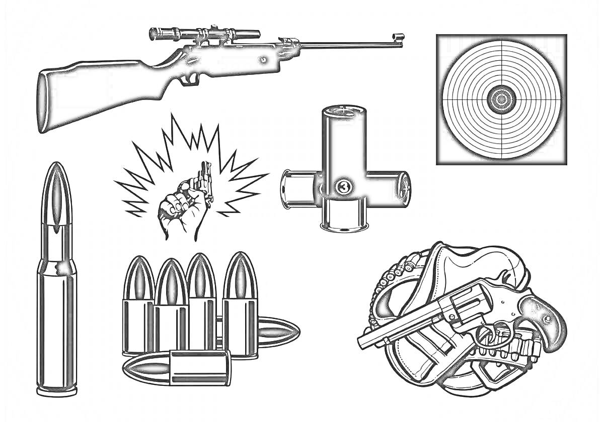 Раскраска винтовка, целеуказатель, один патрон, рука с пистолетом, четыре патрона, револьвер с патронами и мишенью, мишень