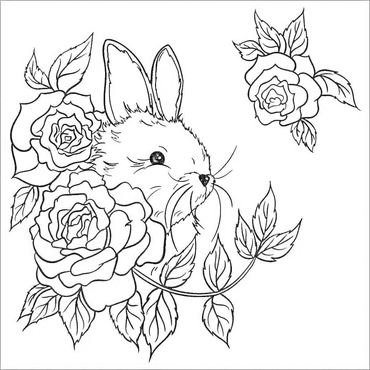 Раскраска Кролик среди роз, две большие розы слева и одна роза справа