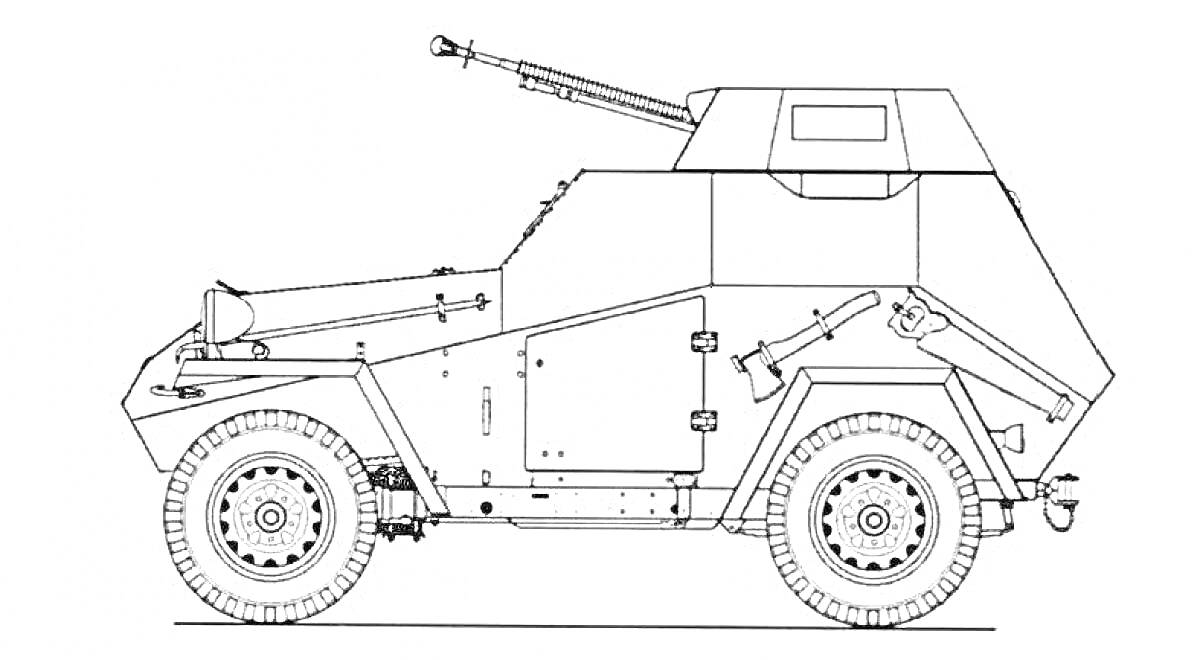 На раскраске изображено: Броневик, Пушка, Колёса, Военная техника, Транспорт
