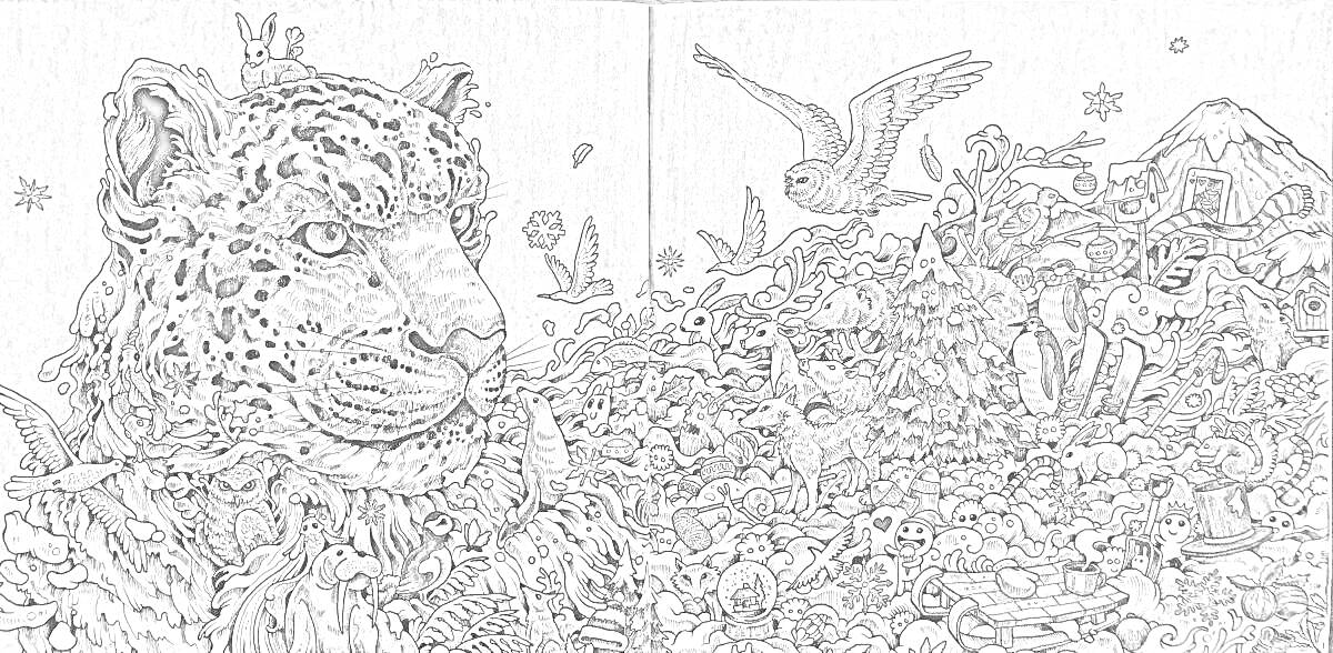 Раскраска Леопард с кучей мифологических существ, в небе летит птица, цветы по всей поверхности, домик на дереве, цветы, грибы, горы