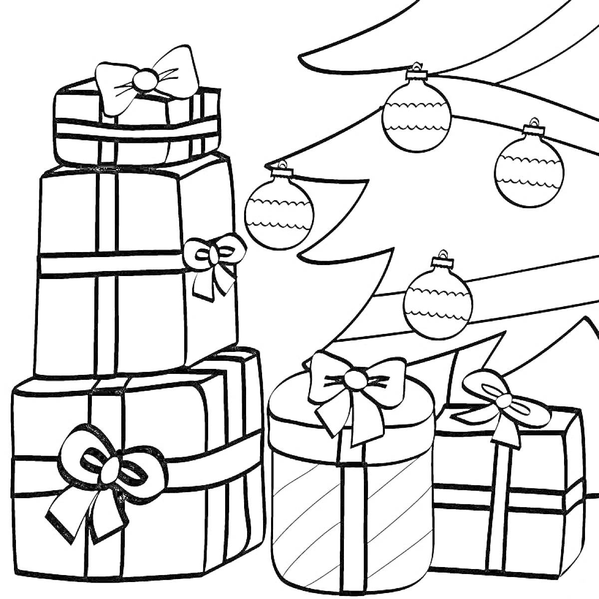 Раскраска Подарки под новогодней ёлкой с шарами