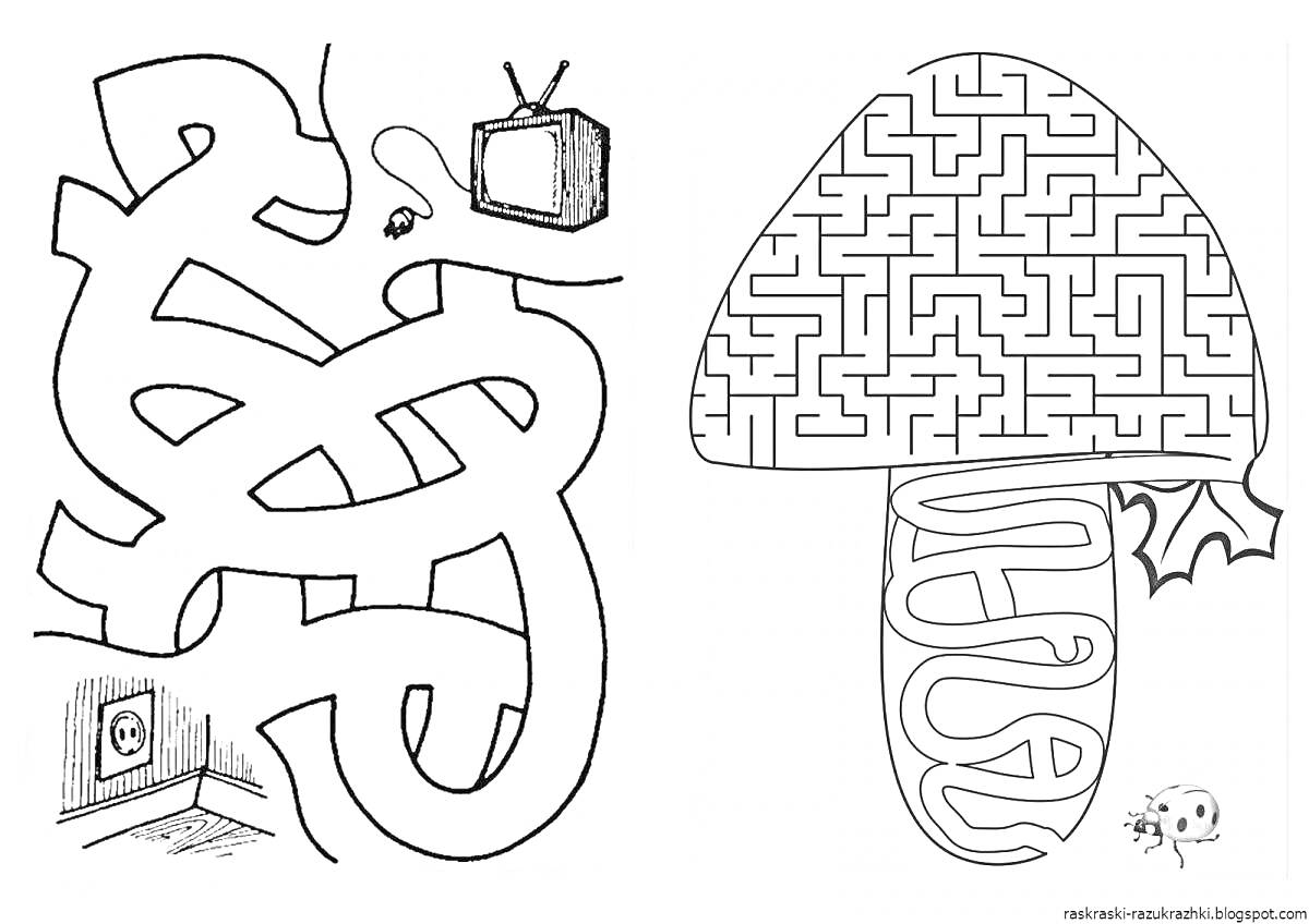 Раскраска Лабиринт с телевизором и грибом