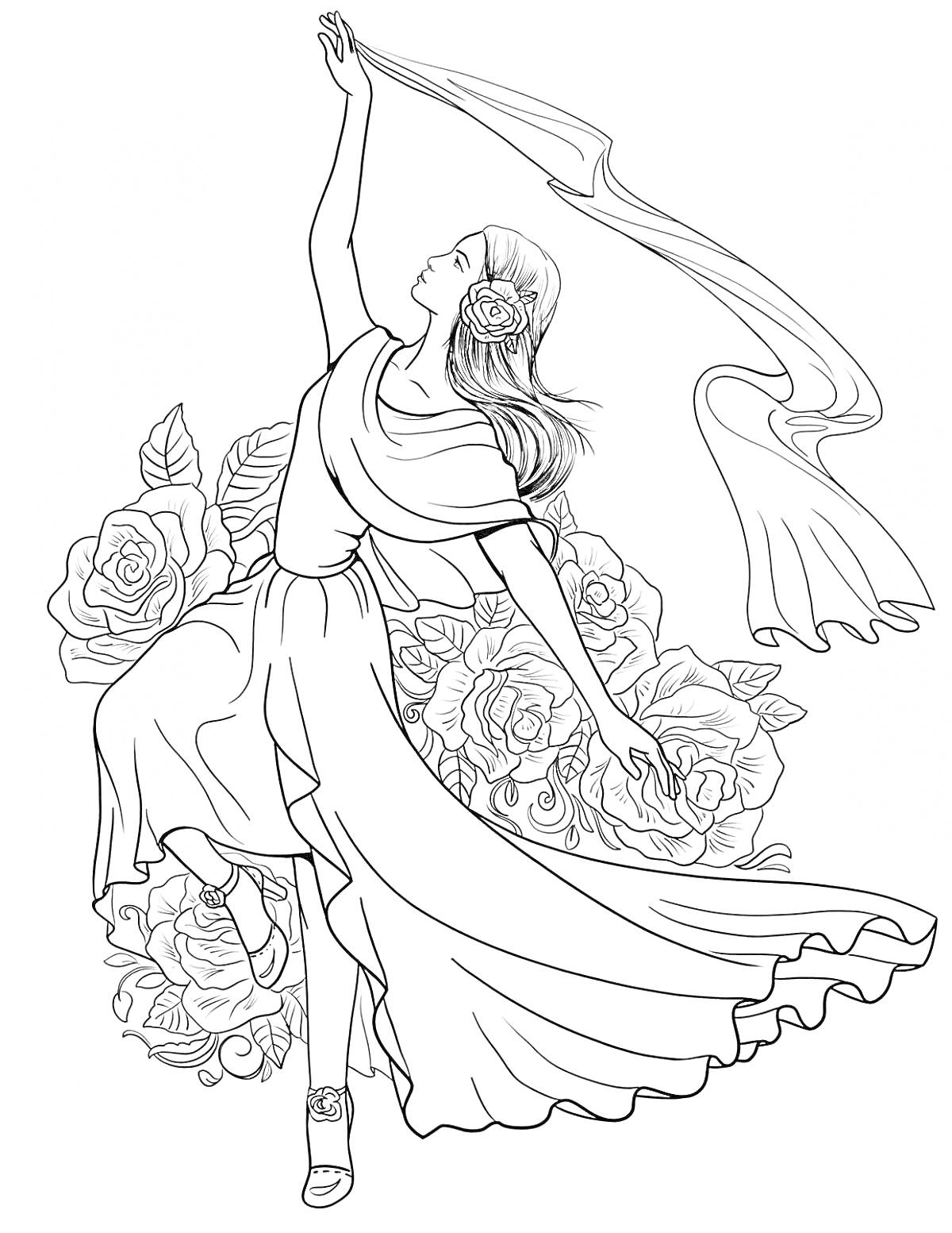 Раскраска Танцующая женщина в традиционном платье Испании с розами на фоне и развевающейся тканью