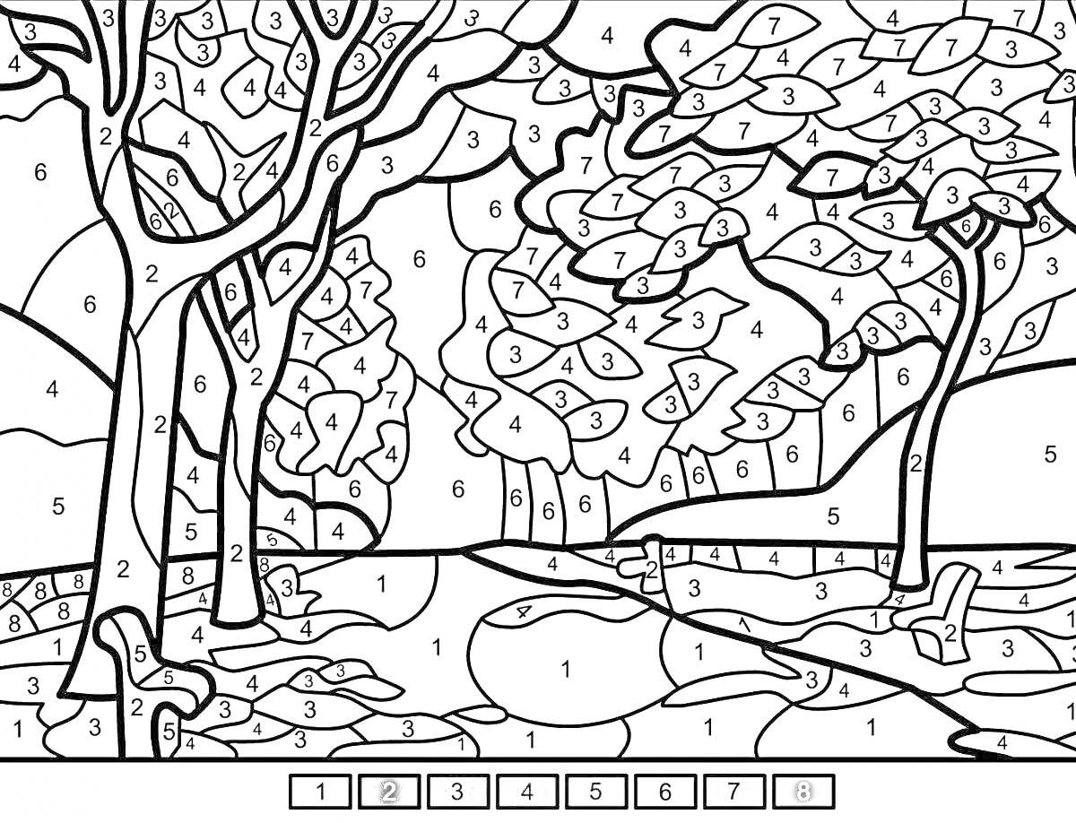 На раскраске изображено: Осень, Лес, Деревья, Листва, Природа