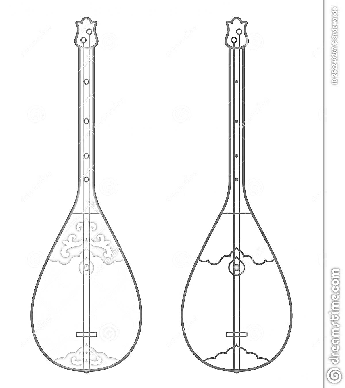 Домбра с узорами в двух вариантах - раскрашенный и контурный