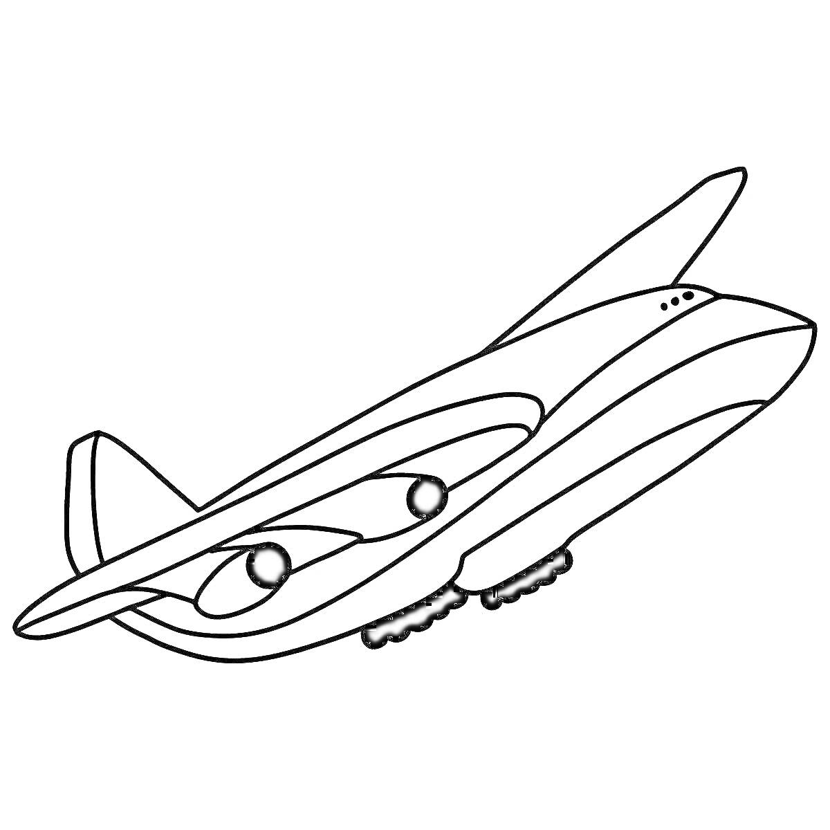 Раскраска Боинг 747 с глазами, три иллюминатора