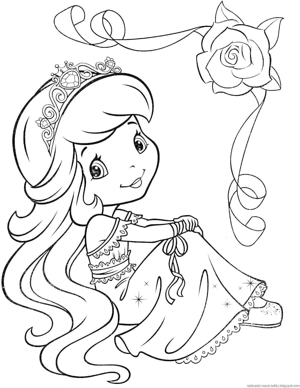 На раскраске изображено: Принцесса, Длинные волосы, Корона, Платье