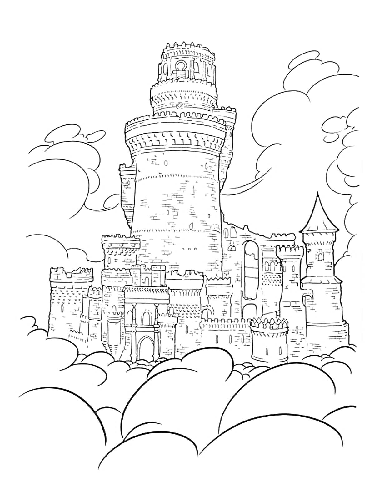 На раскраске изображено: Замок, Башни, Облака, Средневековье, Архитектура, Фэнтези, Крепость, Стена