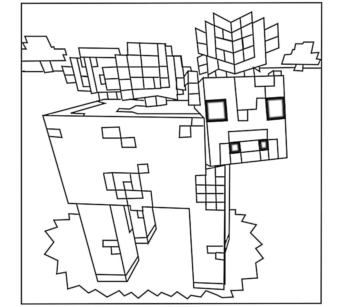 Раскраска Кубическое животное из Minecraft с крыльями и хвостом на фоне облаков