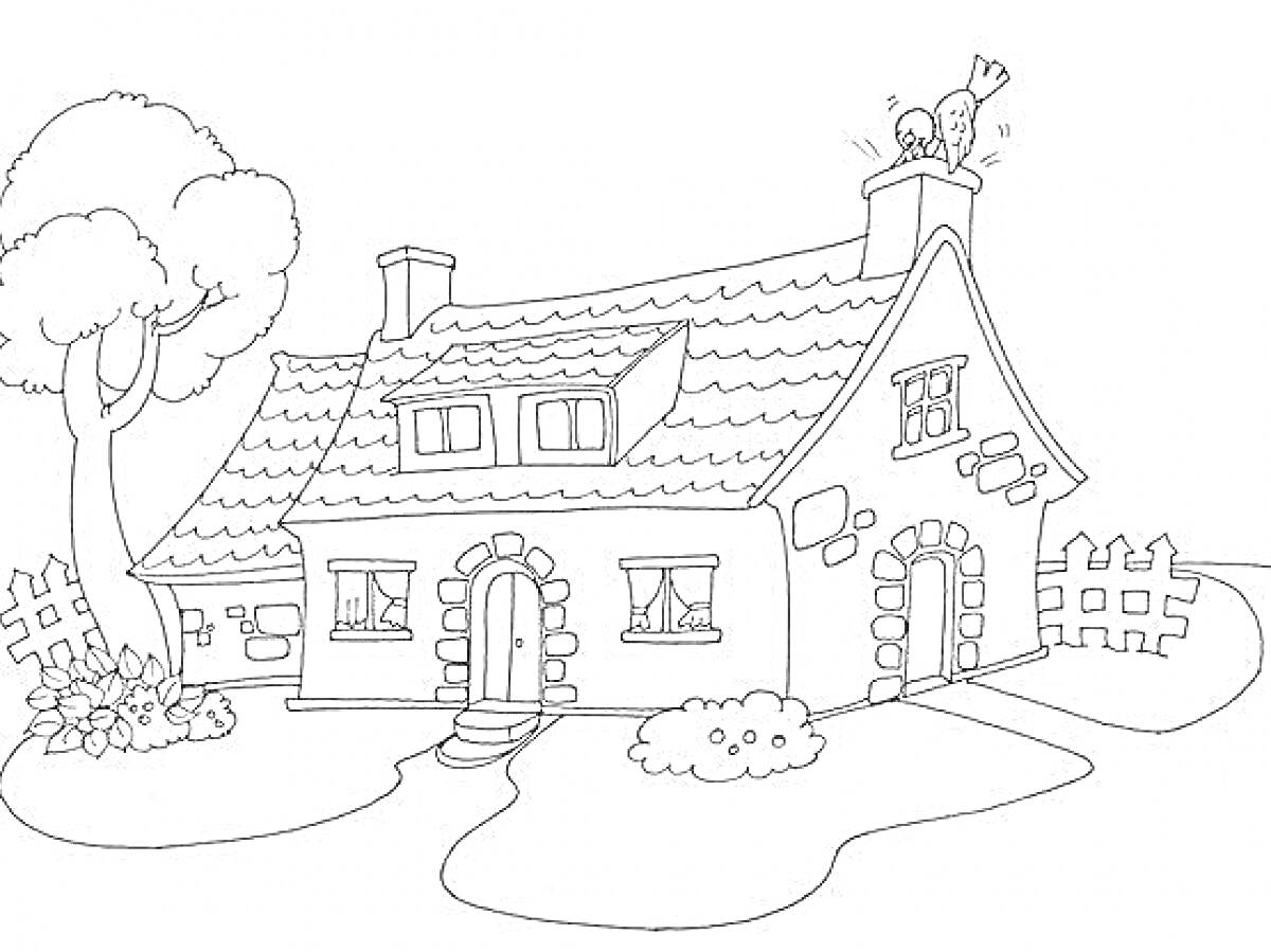 На раскраске изображено: Домик, Деревня, Кусты, Клумба, Забор, Крыша, Кирпичное здание, Окна, Дверь