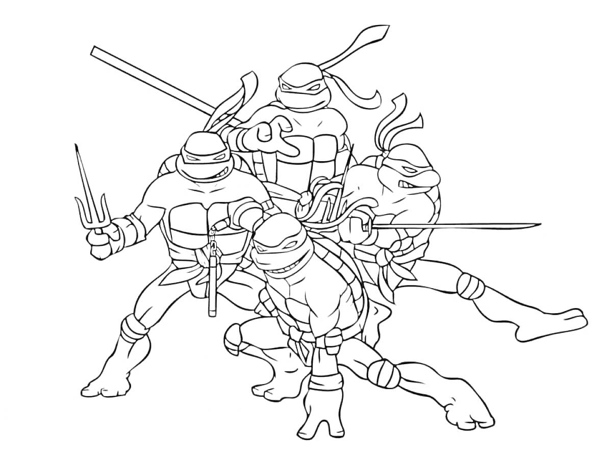 Раскраска Черепашки Ниндзя с оружием и повязками