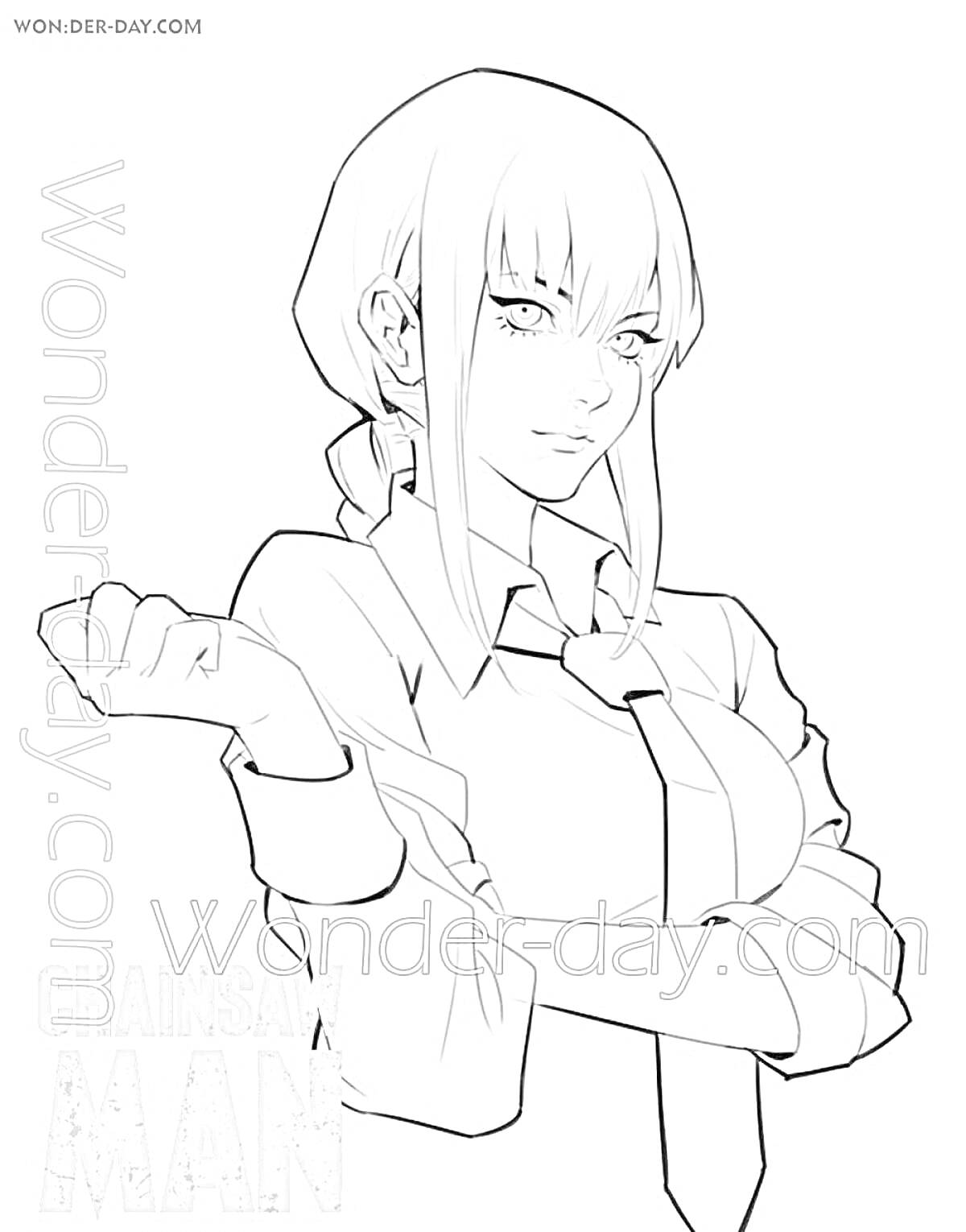 Раскраска Девушка с распущенными волосами, в рубашке и галстуке из аниме 