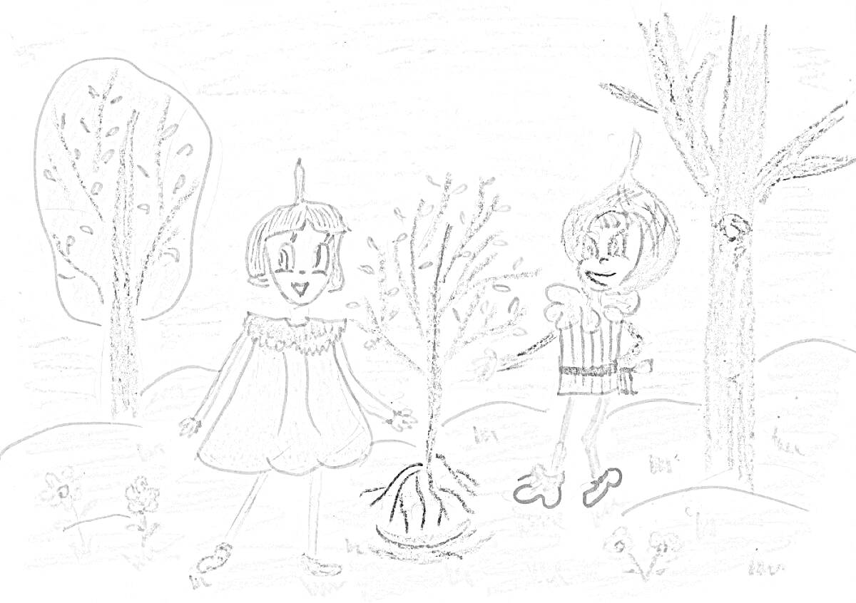 Раскраска Дети в лесу возле дерева