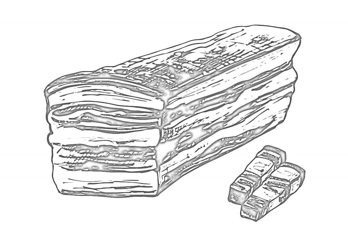 На раскраске изображено: Бекон, Кусок, Нарезка, Еда, Мясо