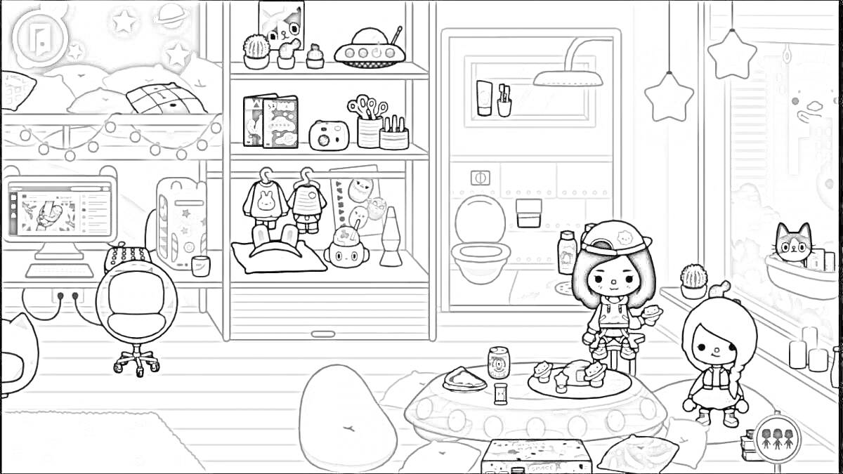 Раскраска Комната в доме Тока Бока с кроватью, стулом, полками с игрушками, туалетом, ванной, двумя персонажами, столом с едой, звездными фонариками и котом на подоконнике