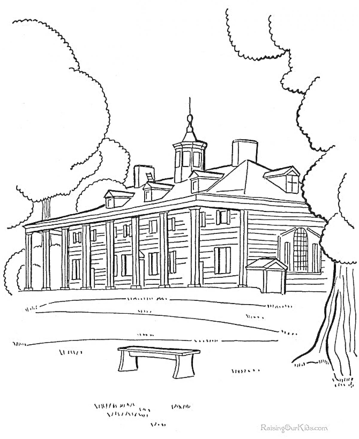 Раскраска Большое здание с пилястрами, высоким куполом и пристроем, окружённое деревьями, с лавочкой на переднем плане.