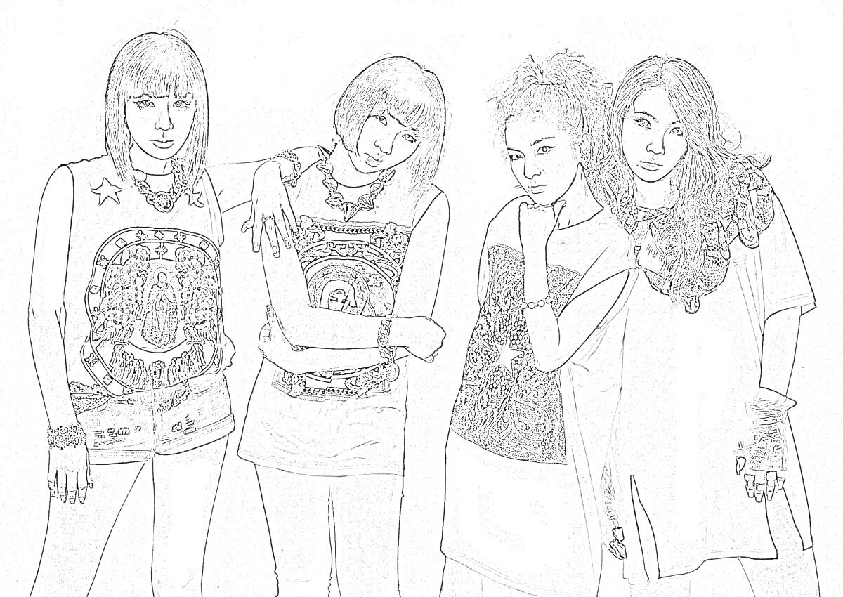 На раскраске изображено: Мода, Группа, Одежда, Принты, Футболки, Длинные волосы, Короткие волосы