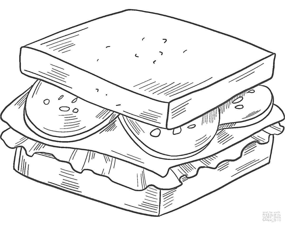 На раскраске изображено: Бутерброд, Хлеб, Салат, Еда