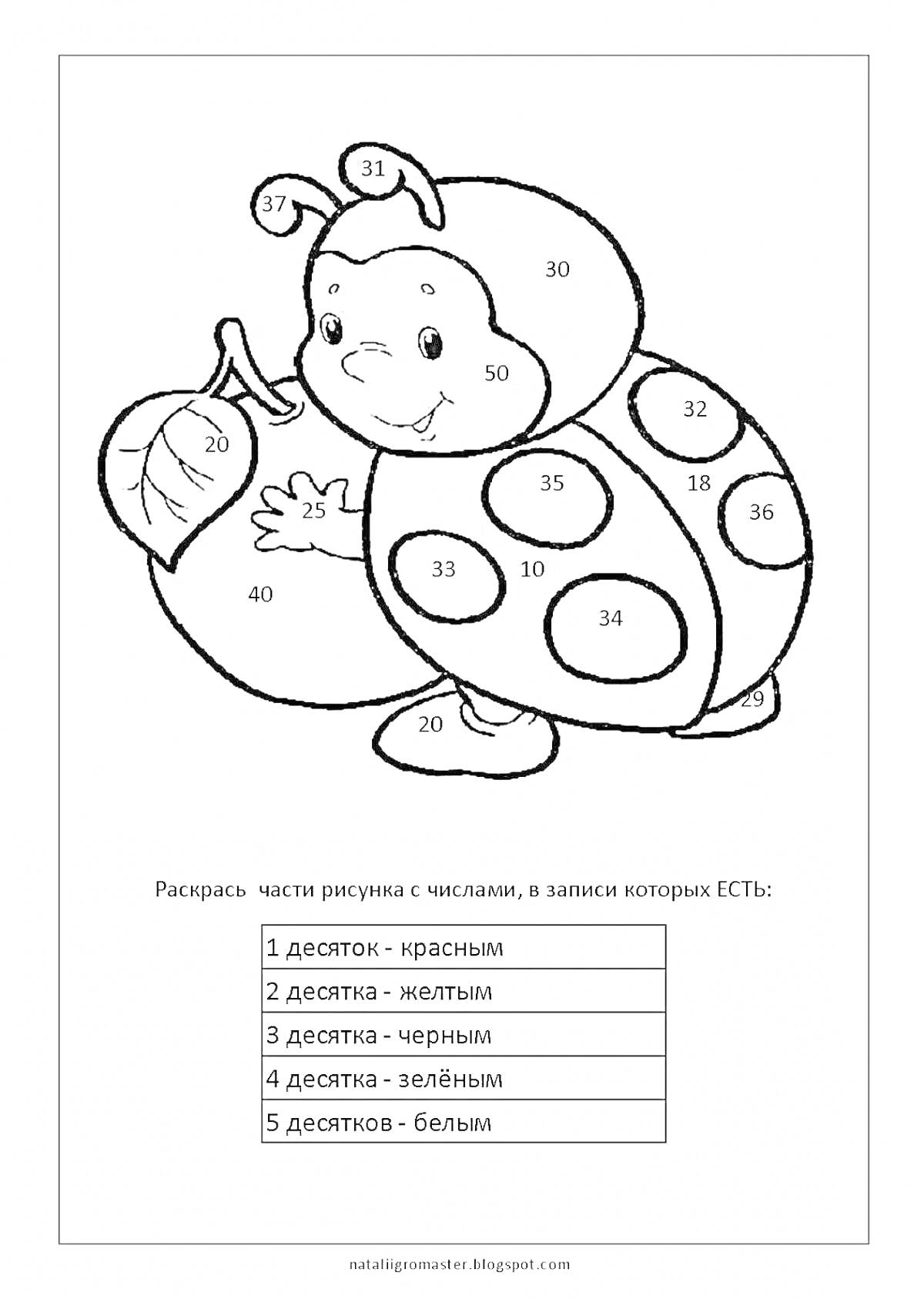 Раскраска Божья коровка с листиком, цифры для раскраски и соответствующие цвета