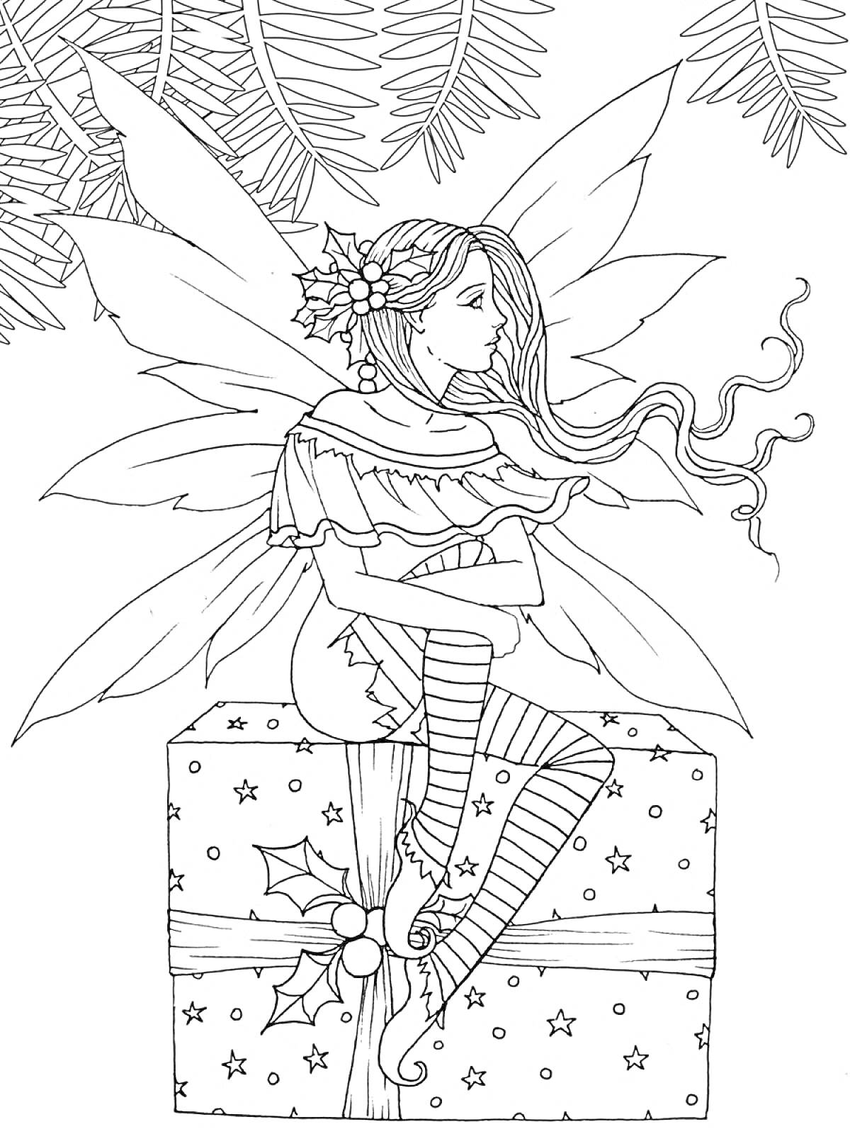 Раскраска Фея, сидящая на подарке с бантом и украшением, на фоне хвойных веток