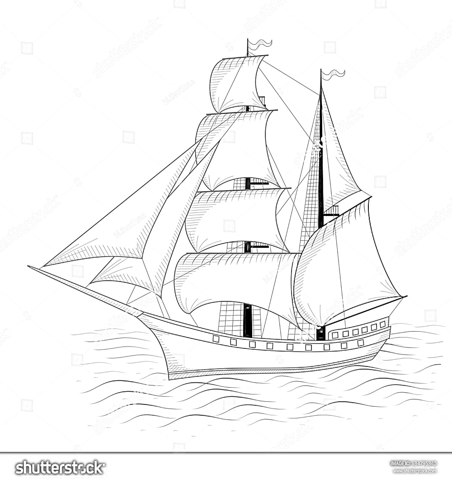 На раскраске изображено: Корабль, Паруса, Море, Волны, Линии, Пейзаж, Мореплавание